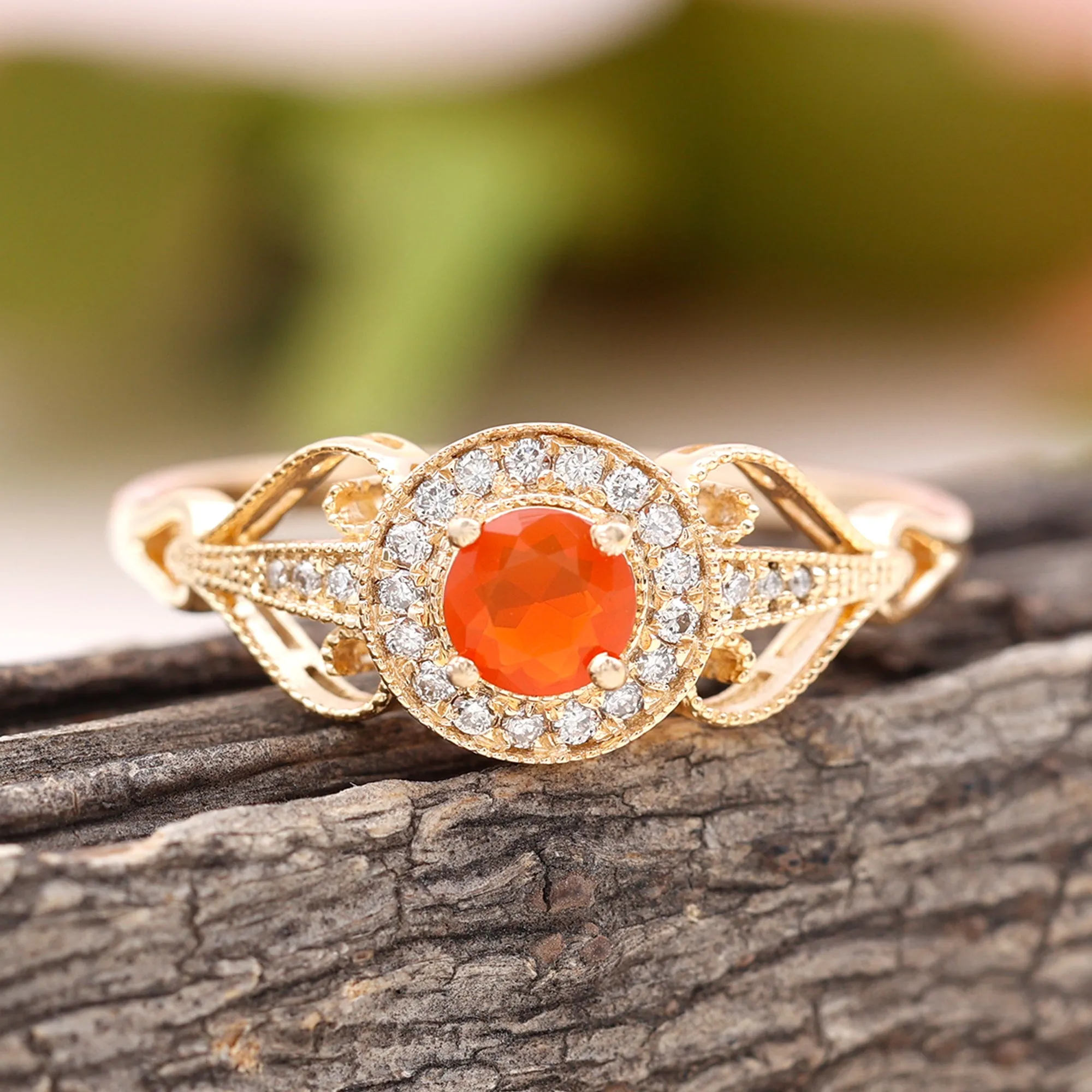 Vintage Fire Opal Diamond Engagement Ring with Beaded Detail