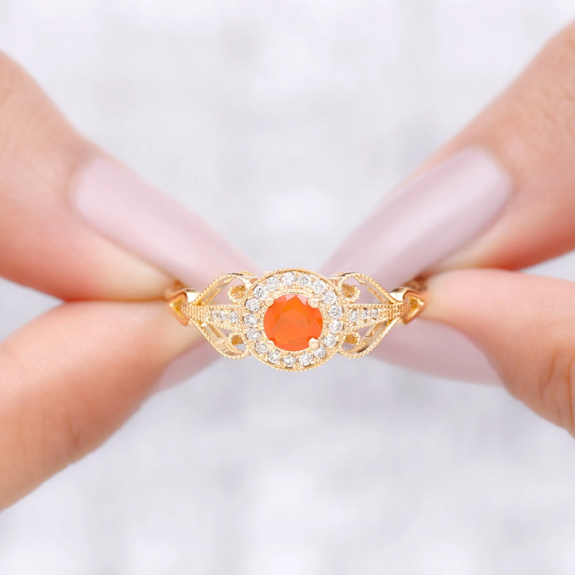 Vintage Fire Opal Diamond Engagement Ring with Beaded Detail