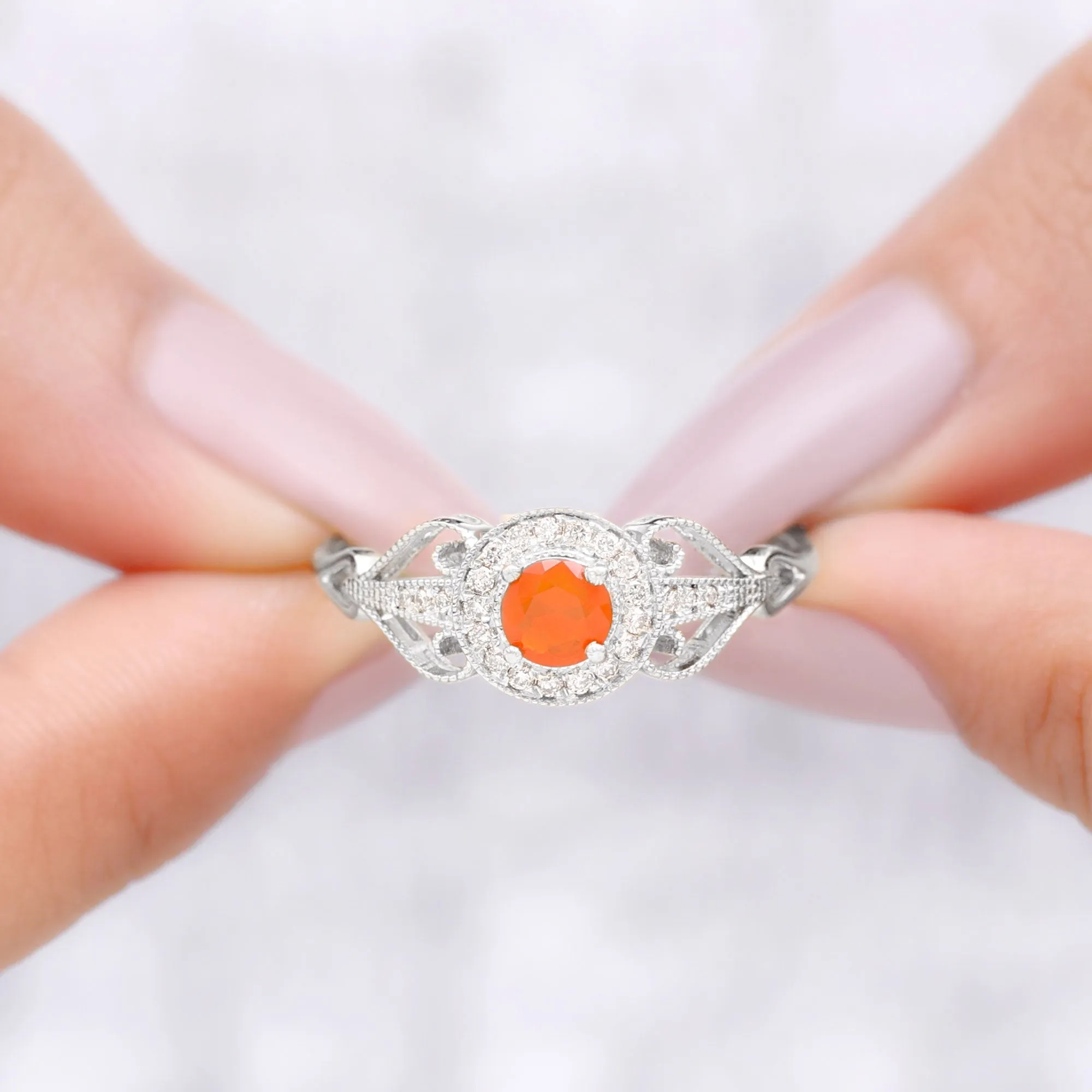 Vintage Fire Opal Diamond Engagement Ring with Beaded Detail