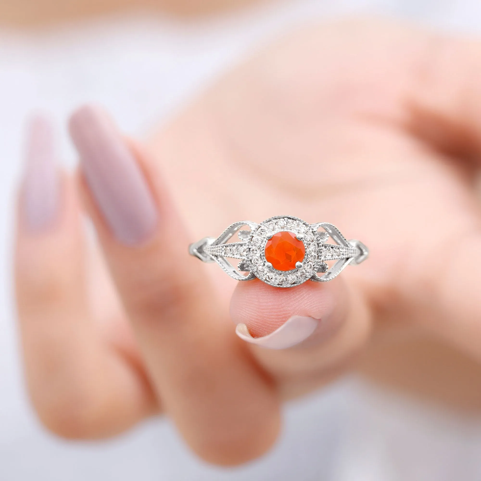 Vintage Fire Opal Diamond Engagement Ring with Beaded Detail