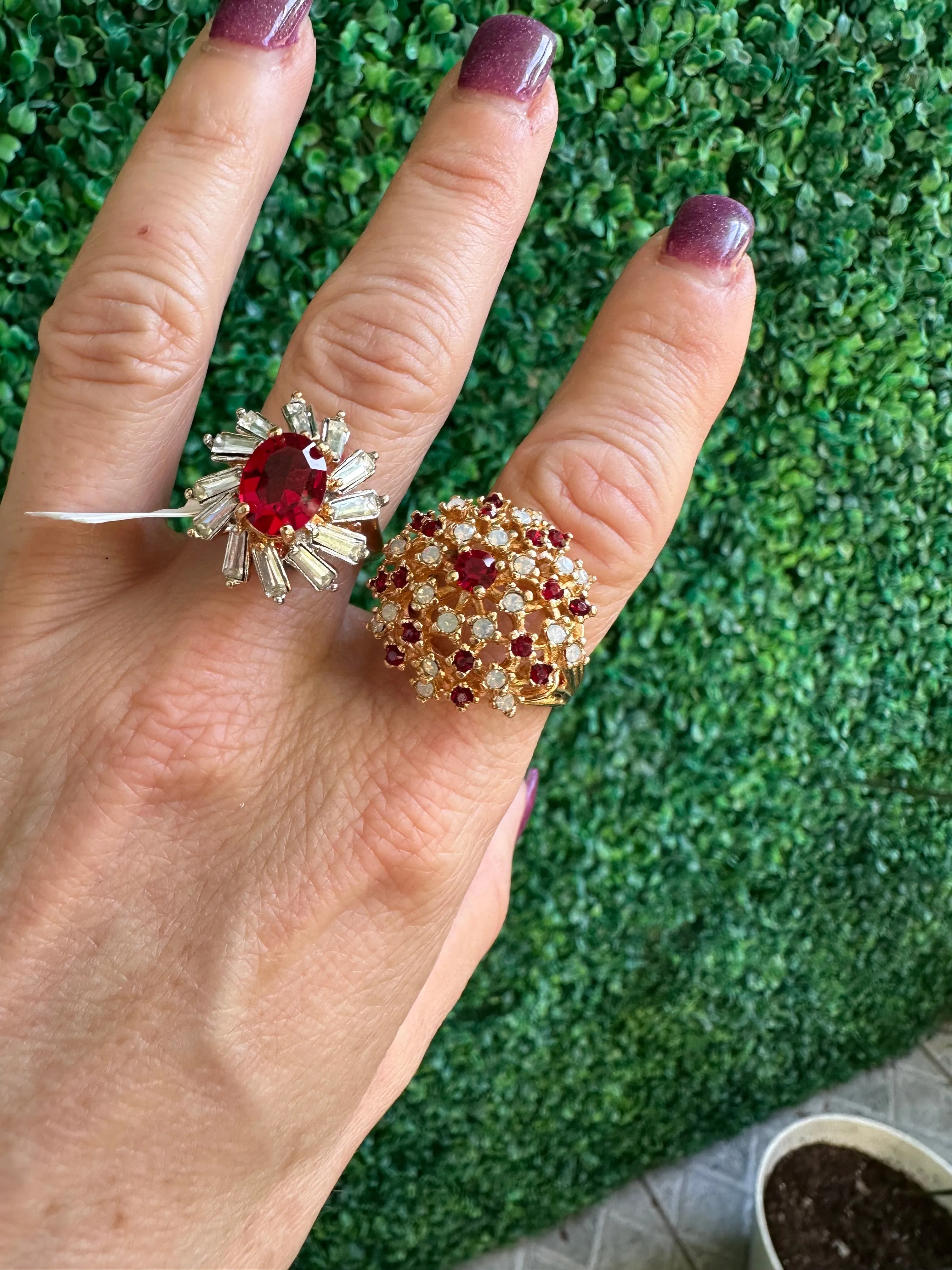 Vintage New Stock Rings Huge Jewelry Ruby and Clear Crystal Cocktail 2 Rings in 18kt Gold Electroplate Made in the USA