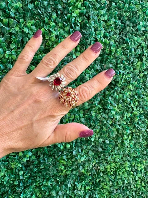 Vintage New Stock Rings Huge Jewelry Ruby and Clear Crystal Cocktail 2 Rings in 18kt Gold Electroplate Made in the USA