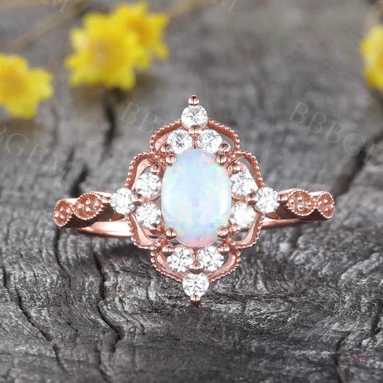 Vintage Opal Engagement Ring Rose Gold Diamond Wedding Oval Milgrain Halo Anniversary Ring