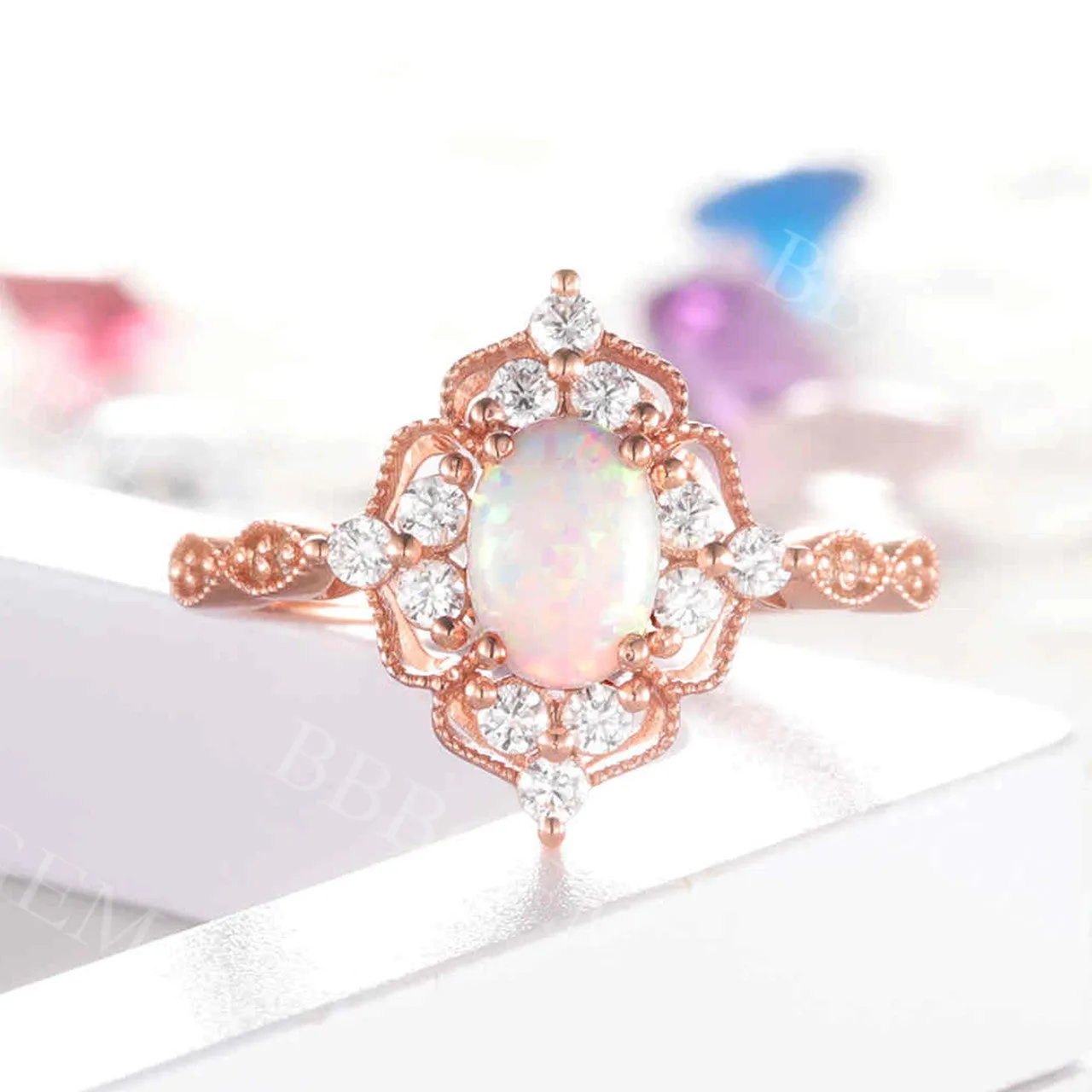 Vintage Opal Engagement Ring Rose Gold Diamond Wedding Oval Milgrain Halo Anniversary Ring