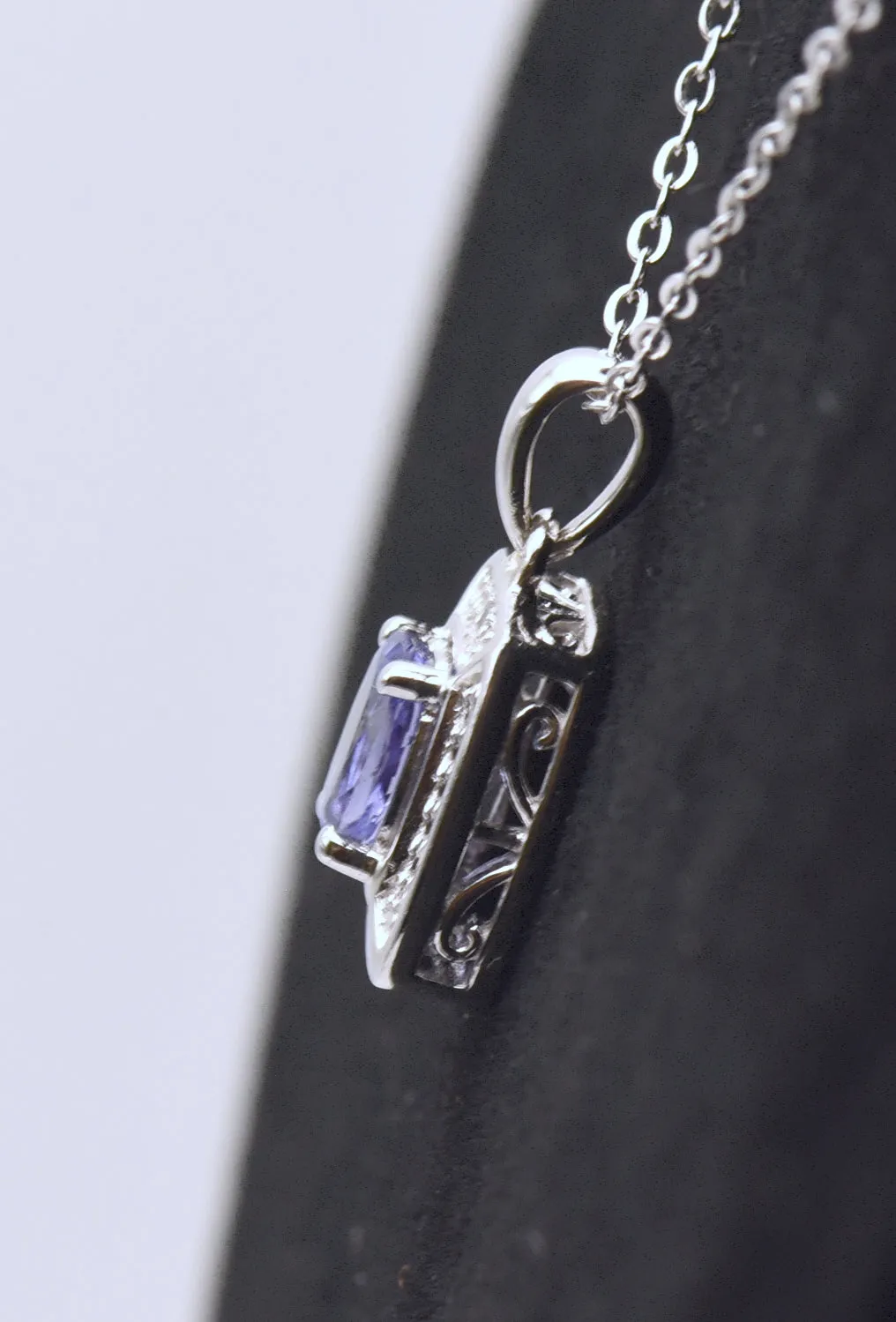 Vintage Tanzanite and Diamond Sterling Silver Pendant Necklace NOS - 17.5"